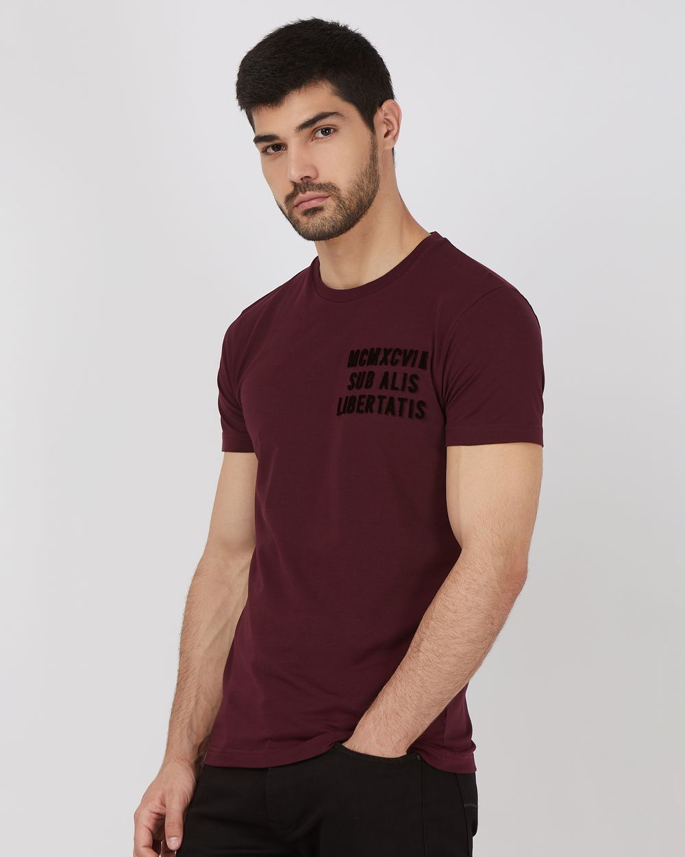 Maroon Flock Embroidery Slim Fit Jersey T-Shirt