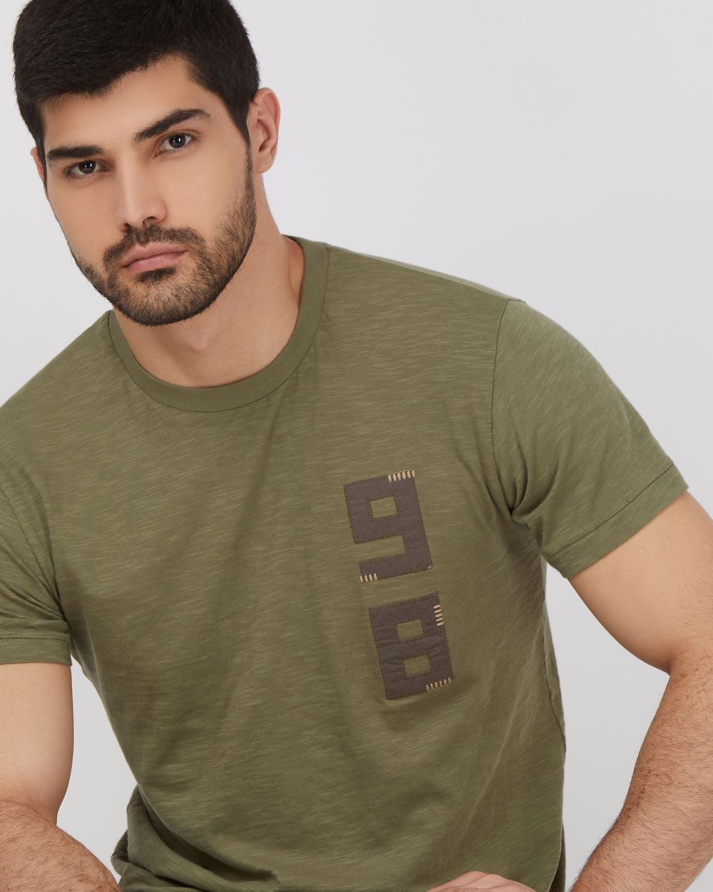 Olive Applique Plain Slim Fit Slub Jersey T-Shirt