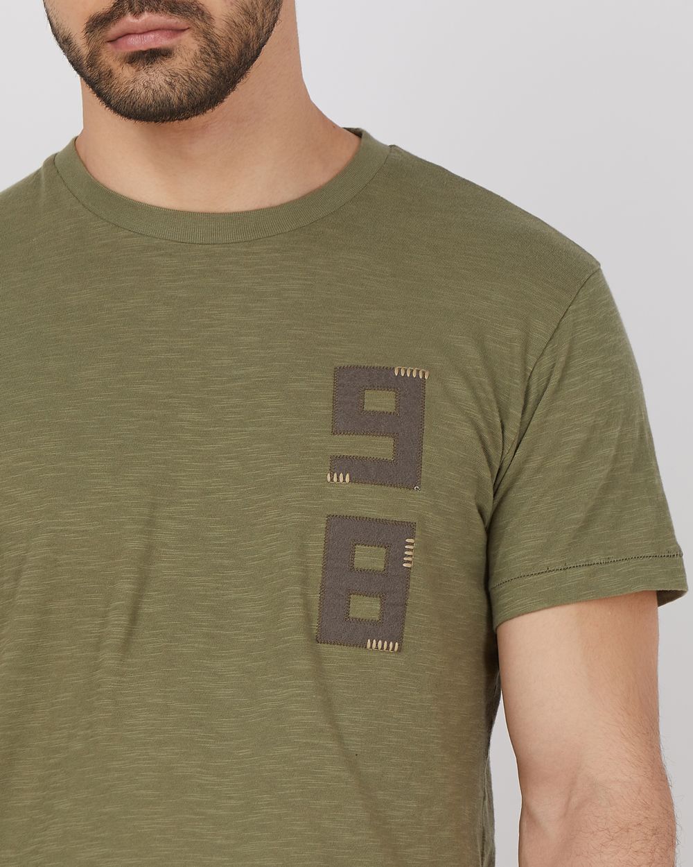Olive Applique Plain Slim Fit Slub Jersey T-Shirt