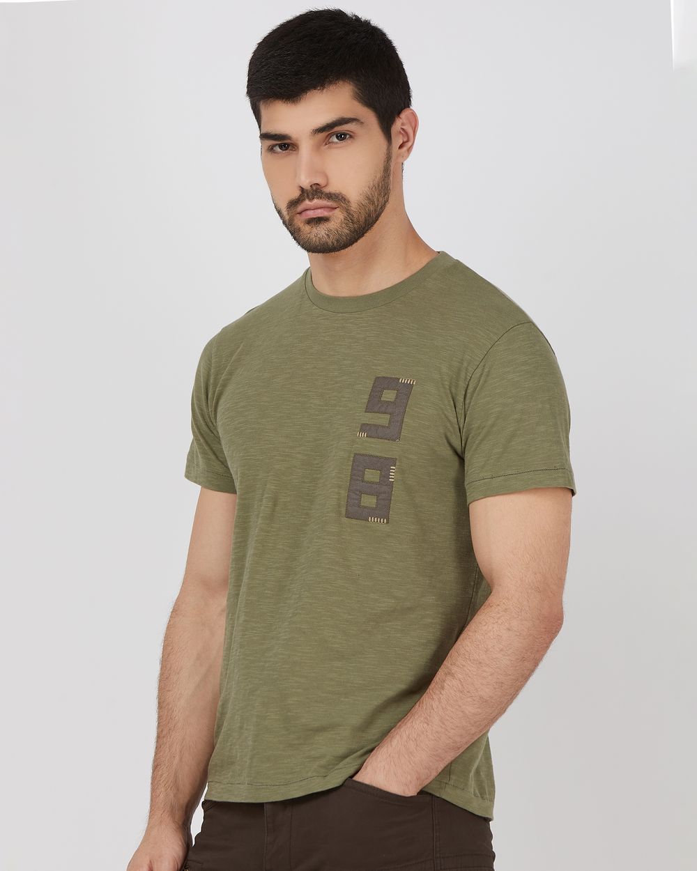 Olive Applique Plain Slim Fit Slub Jersey T-Shirt