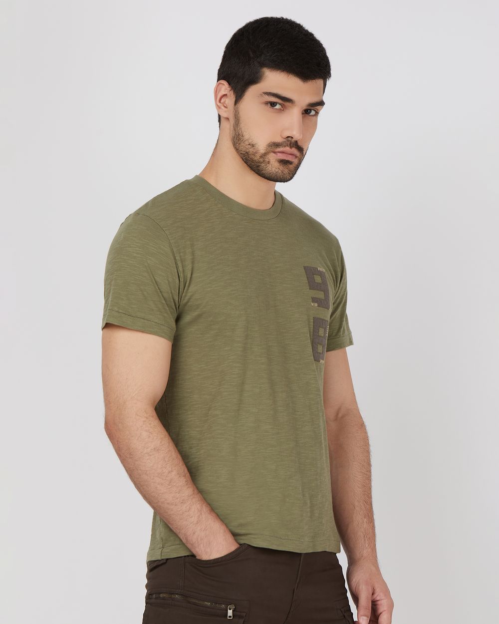 Olive Applique Plain Slim Fit Slub Jersey T-Shirt