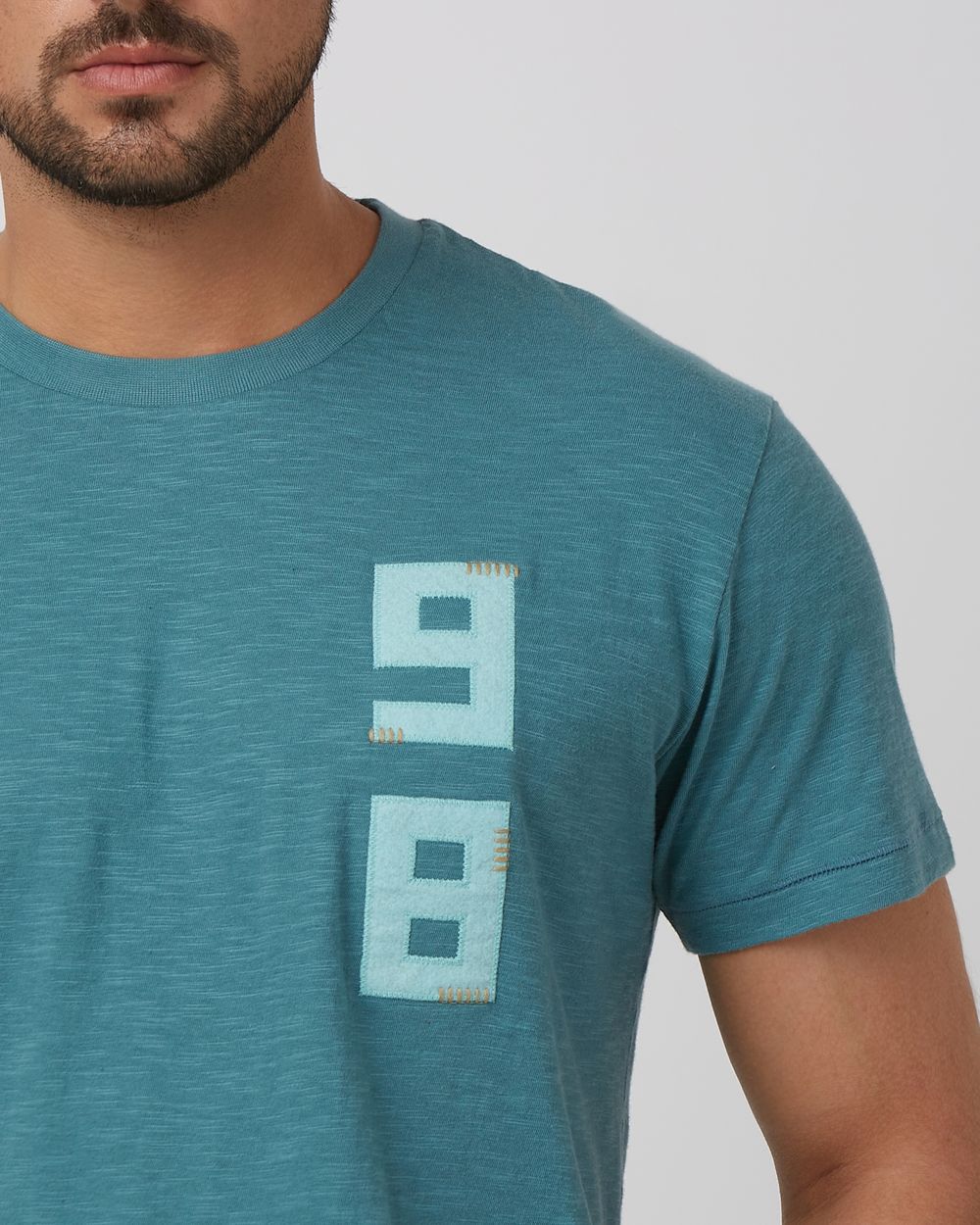 Teal Applique Plain Slim Fit Slub Jersey T-Shirt