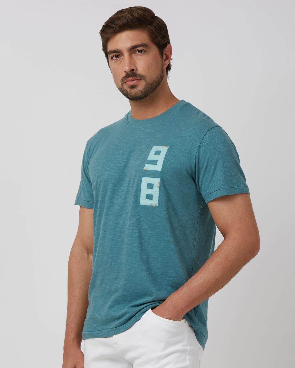 Teal Applique Plain Slim Fit Slub Jersey T-Shirt