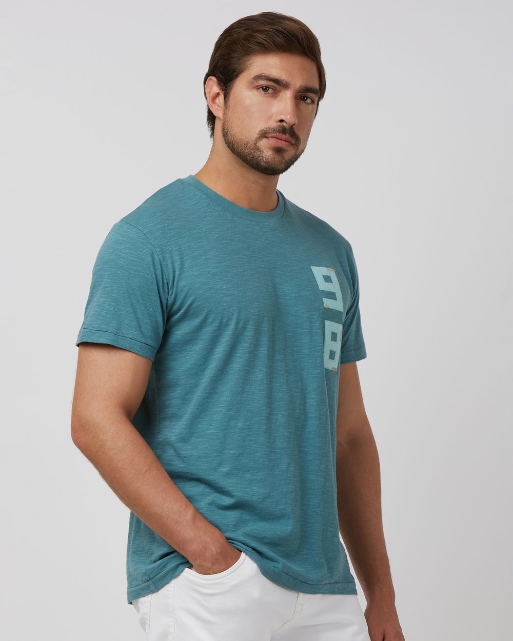 Teal Applique Plain Slim Fit Slub Jersey T-Shirt