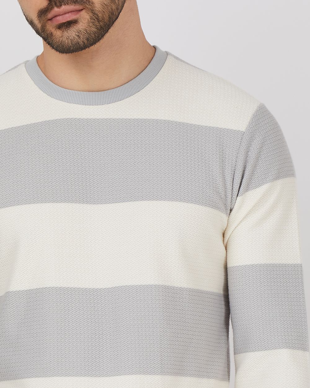 Light Grey Textured Stripe Slim Fit Textured Jersey T-Shirt