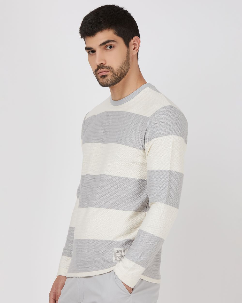 Light Grey Textured Stripe Slim Fit Textured Jersey T-Shirt