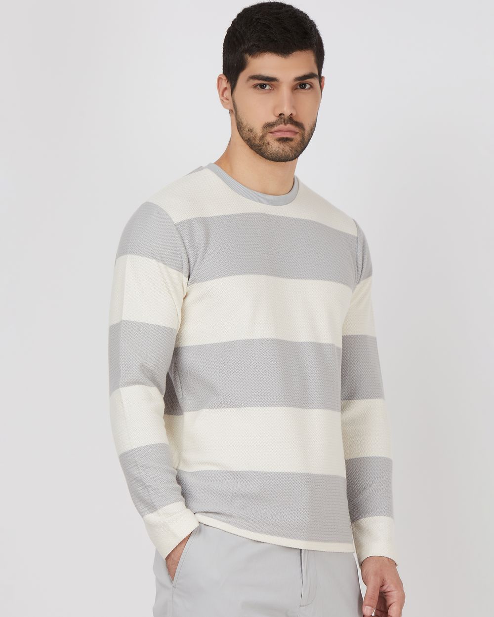 Light Grey Textured Stripe Slim Fit Textured Jersey T-Shirt