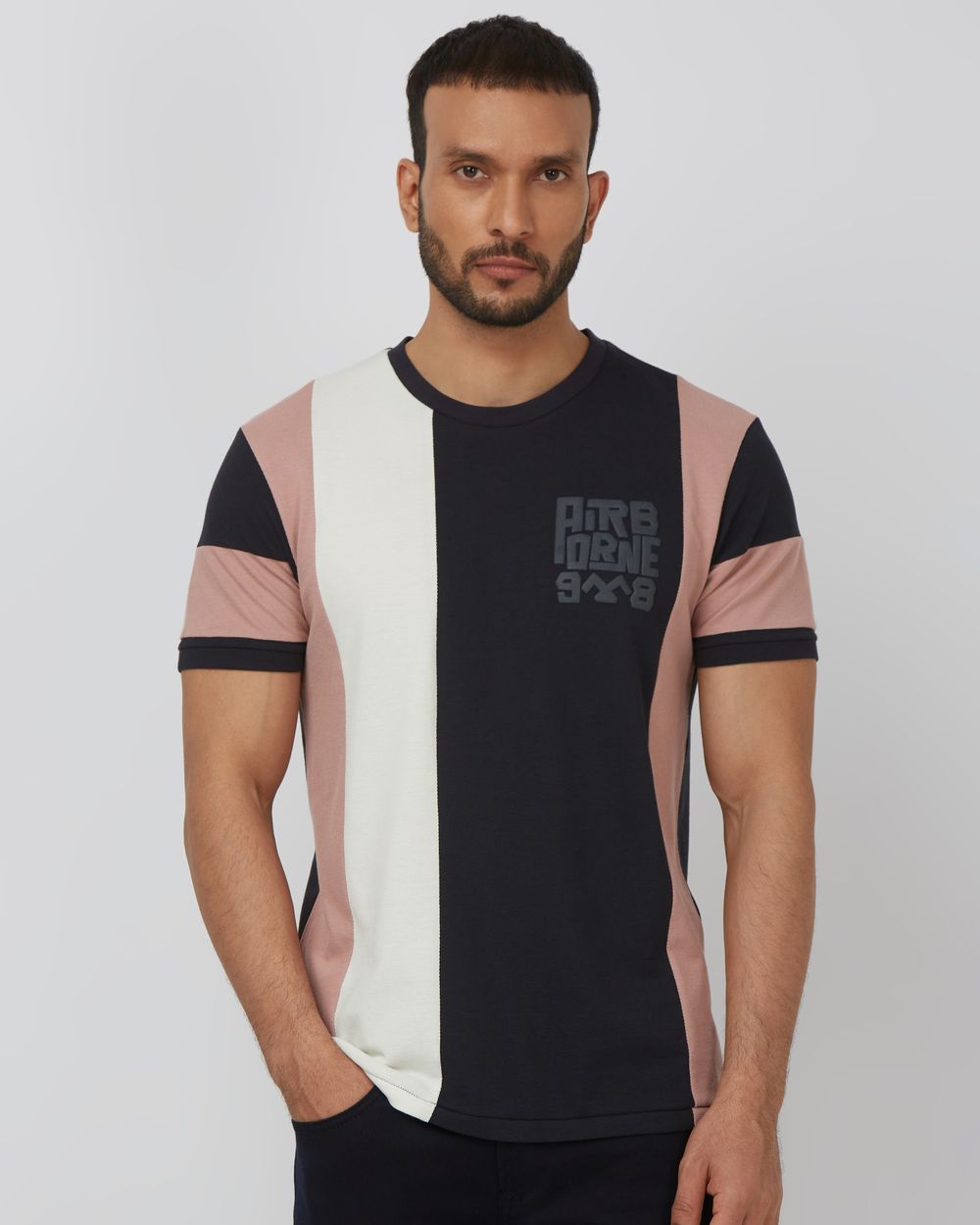 Navy Cut & Sew Stripe Slim Fit T-Shirt