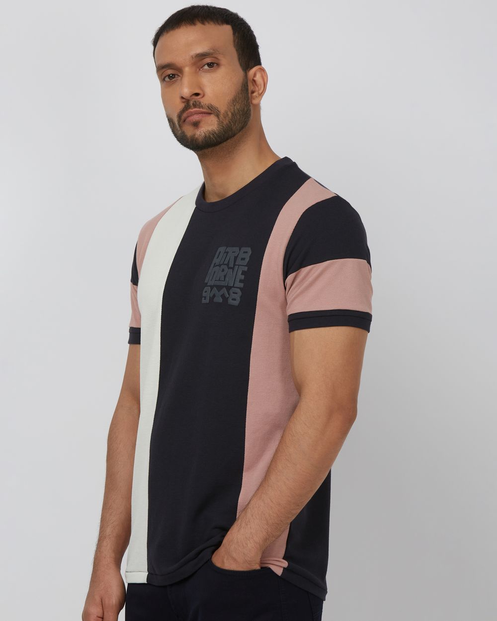 Navy Cut & Sew Stripe Slim Fit T-Shirt