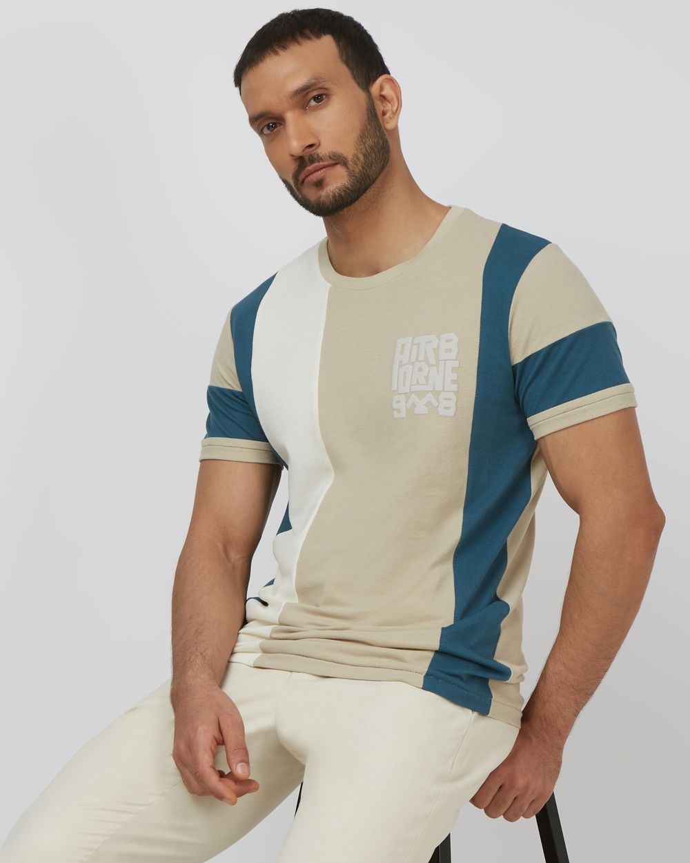 Beige Cut & Sew Stripe Slim Fit T-Shirt