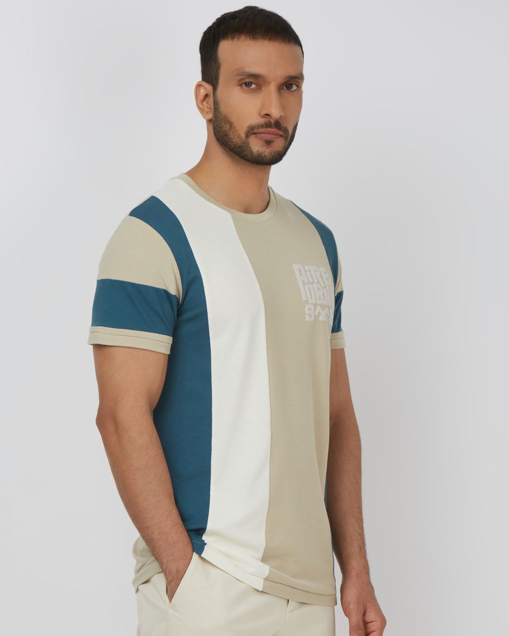 Beige Cut & Sew Stripe Slim Fit T-Shirt