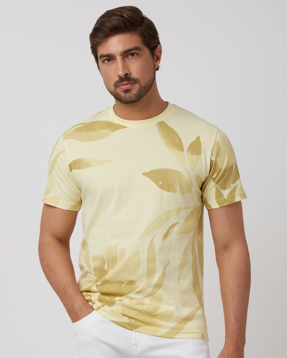 Light Yellow Leaf Print Slim Fit T-Shirt