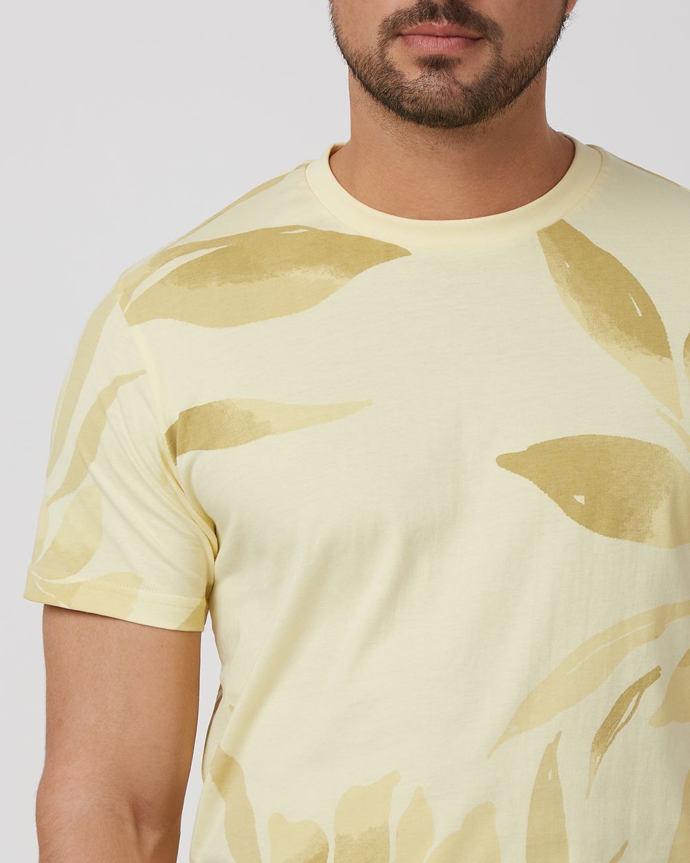Light Yellow Leaf Print Slim Fit T-Shirt