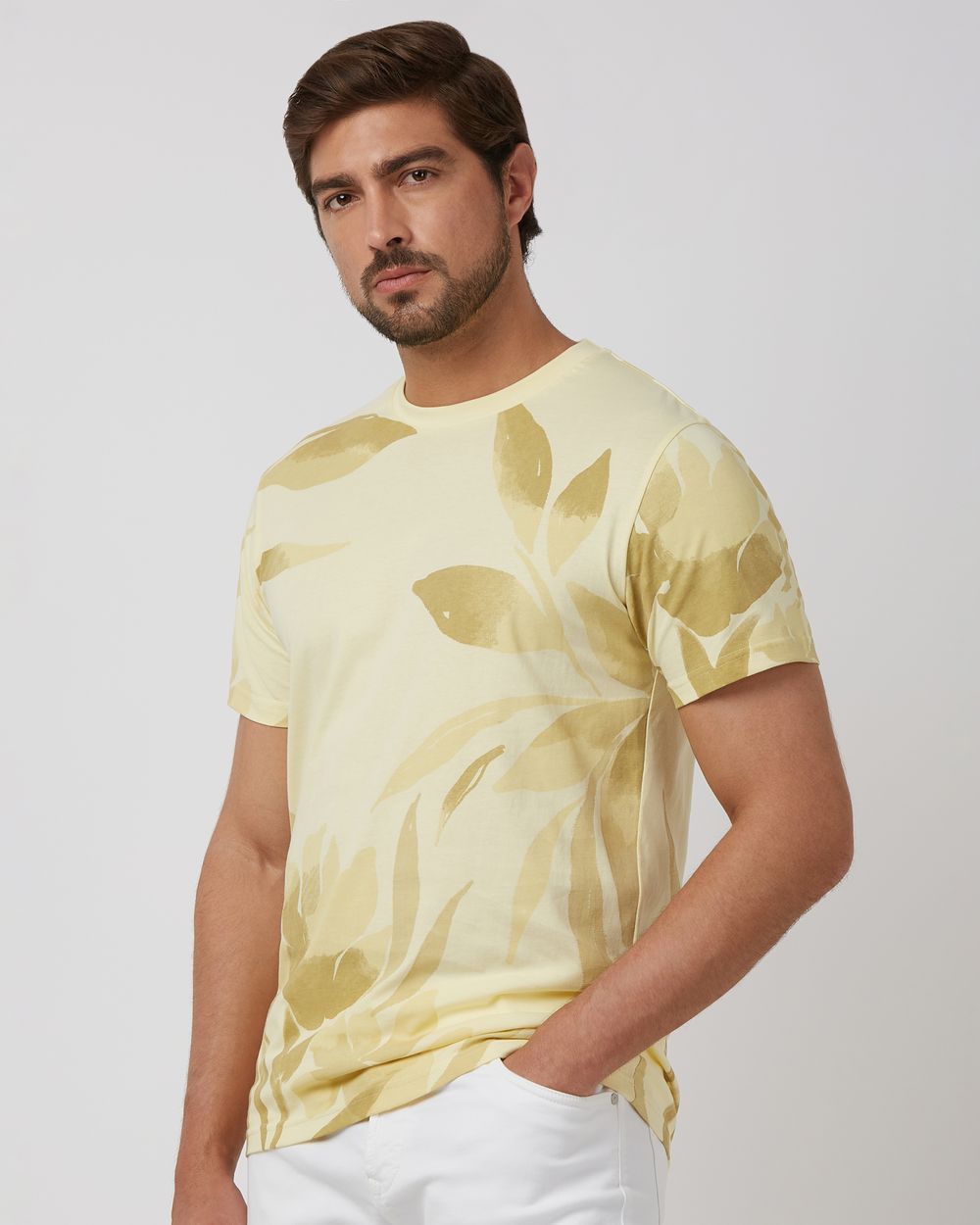 Light Yellow Leaf Print Slim Fit T-Shirt