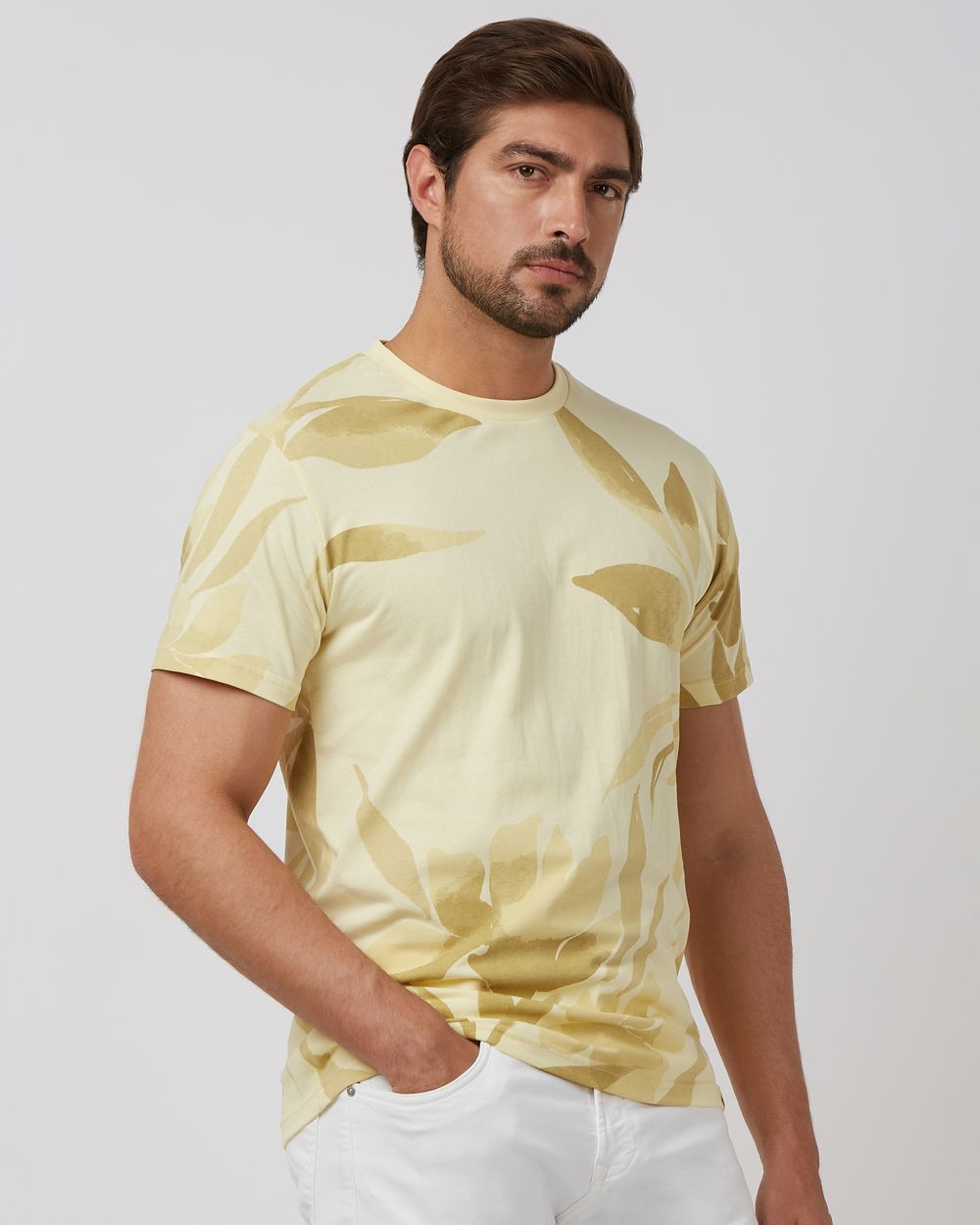 Light Yellow Leaf Print Slim Fit T-Shirt