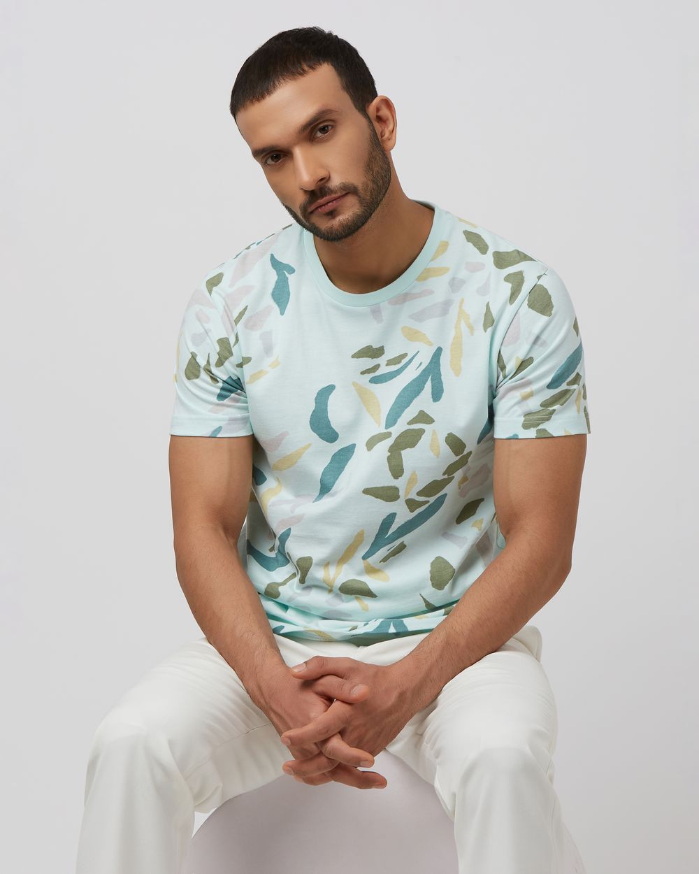 Light Blue Printed Tee Slim Fit T-Shirt