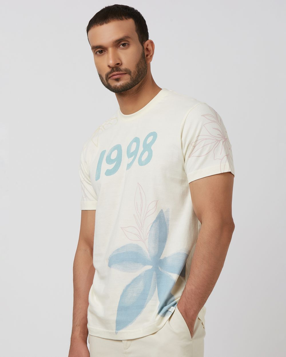 Off White Floral Print Slim Fit T-Shirt