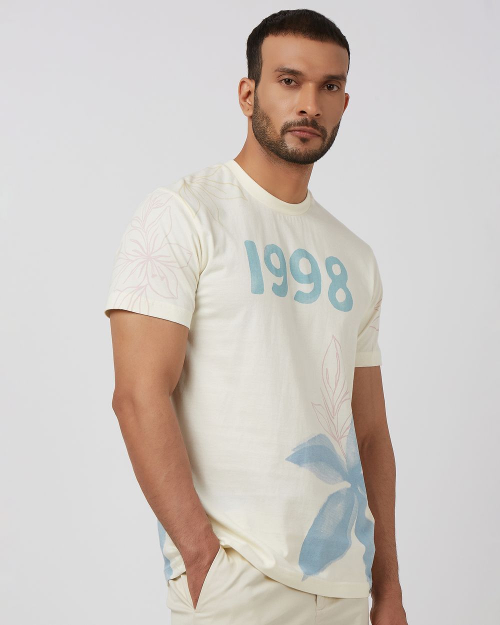 Off White Floral Print Slim Fit T-Shirt