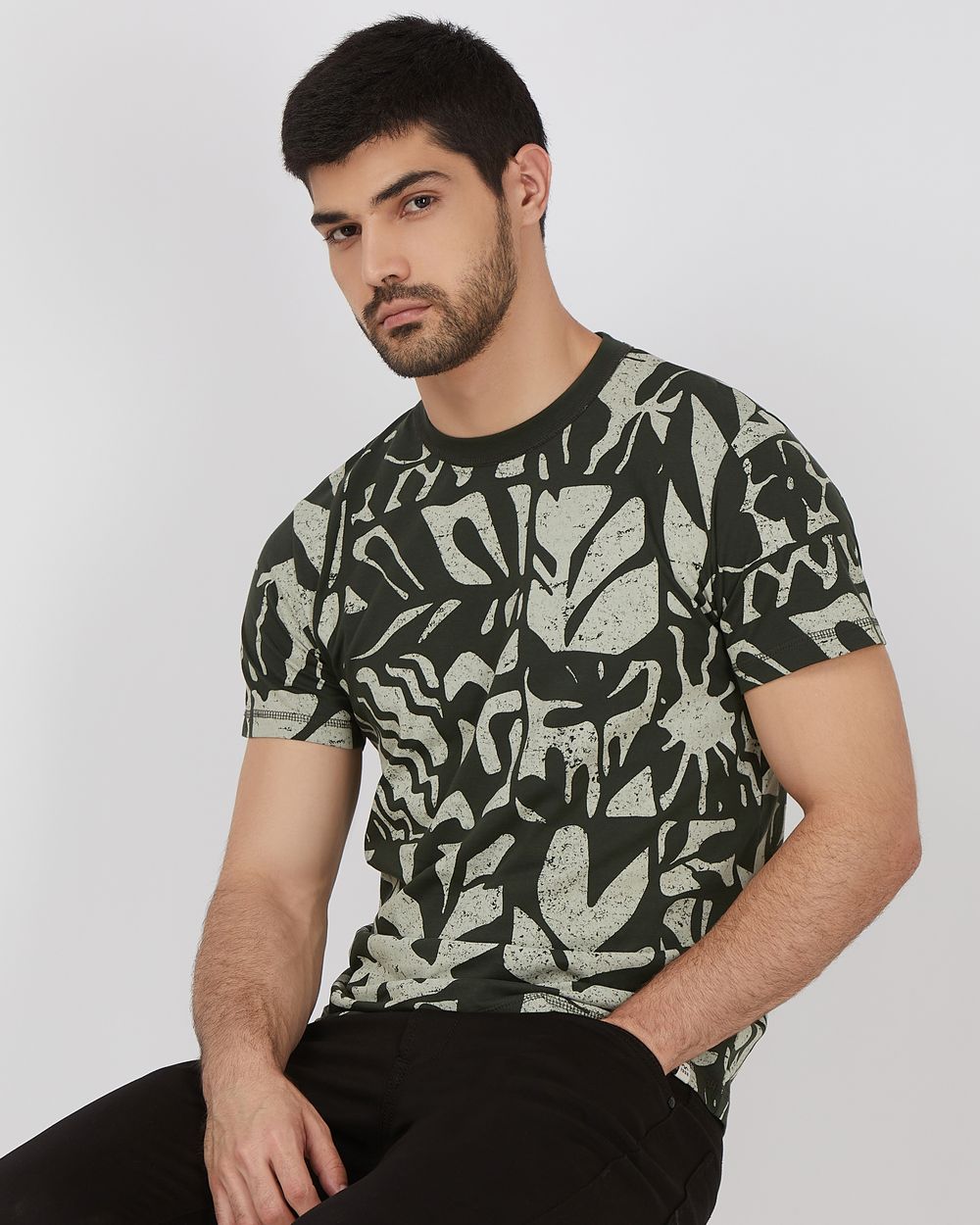 Olive Abstract Print Slim Fit Jersey T-Shirt