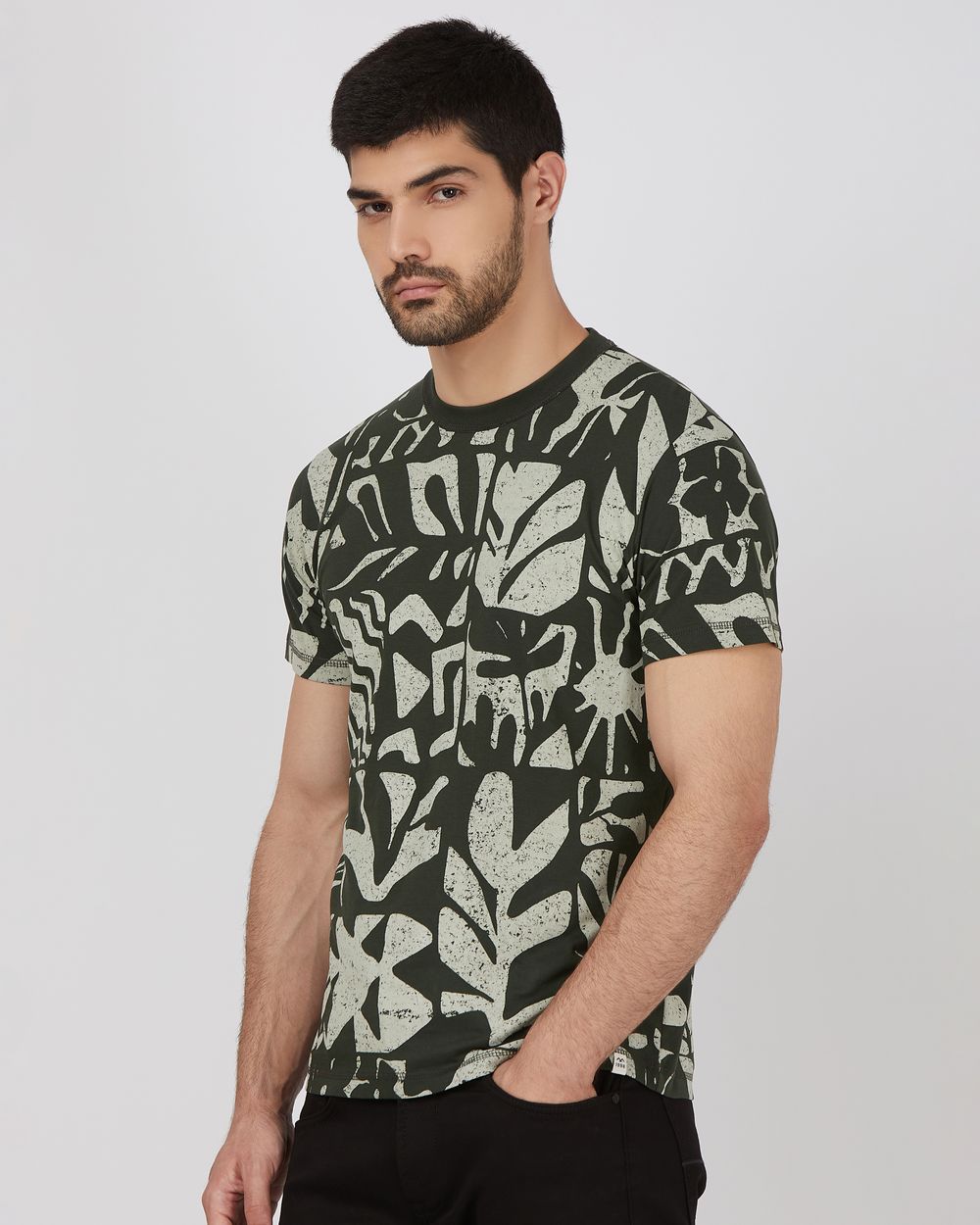 Olive Abstract Print Slim Fit Jersey T-Shirt