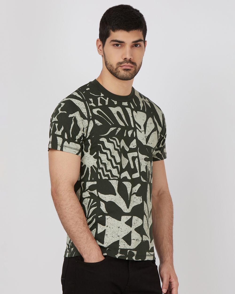 Olive Abstract Print Slim Fit Jersey T-Shirt