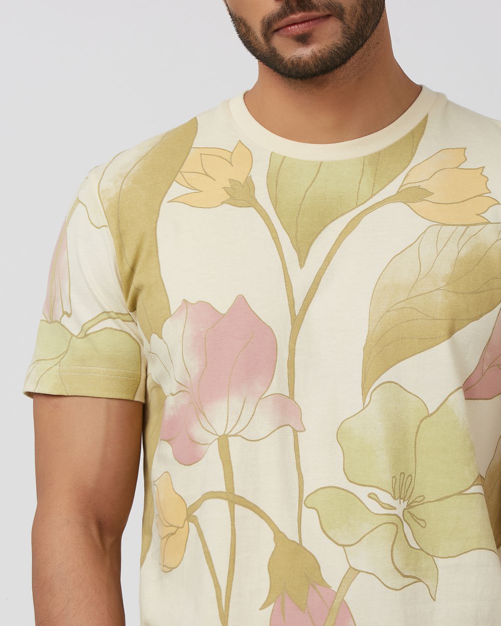 Beige Floral Print Slim Fit T-Shirt