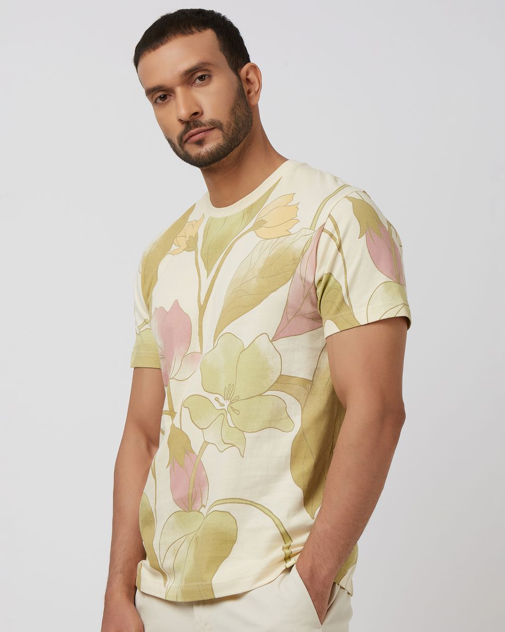 Beige Floral Print Slim Fit T-Shirt