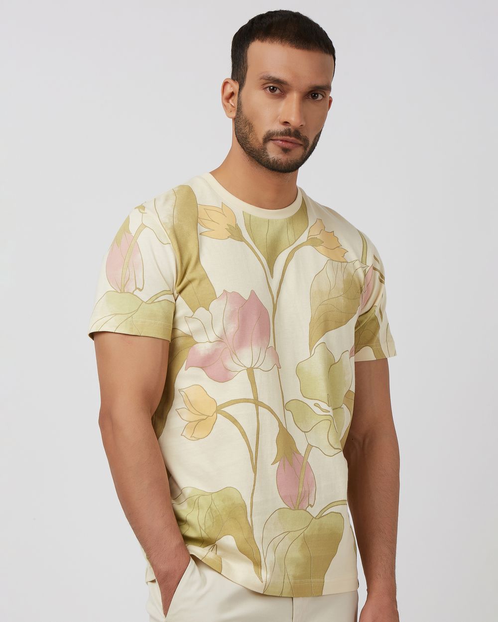 Beige Floral Print Slim Fit T-Shirt