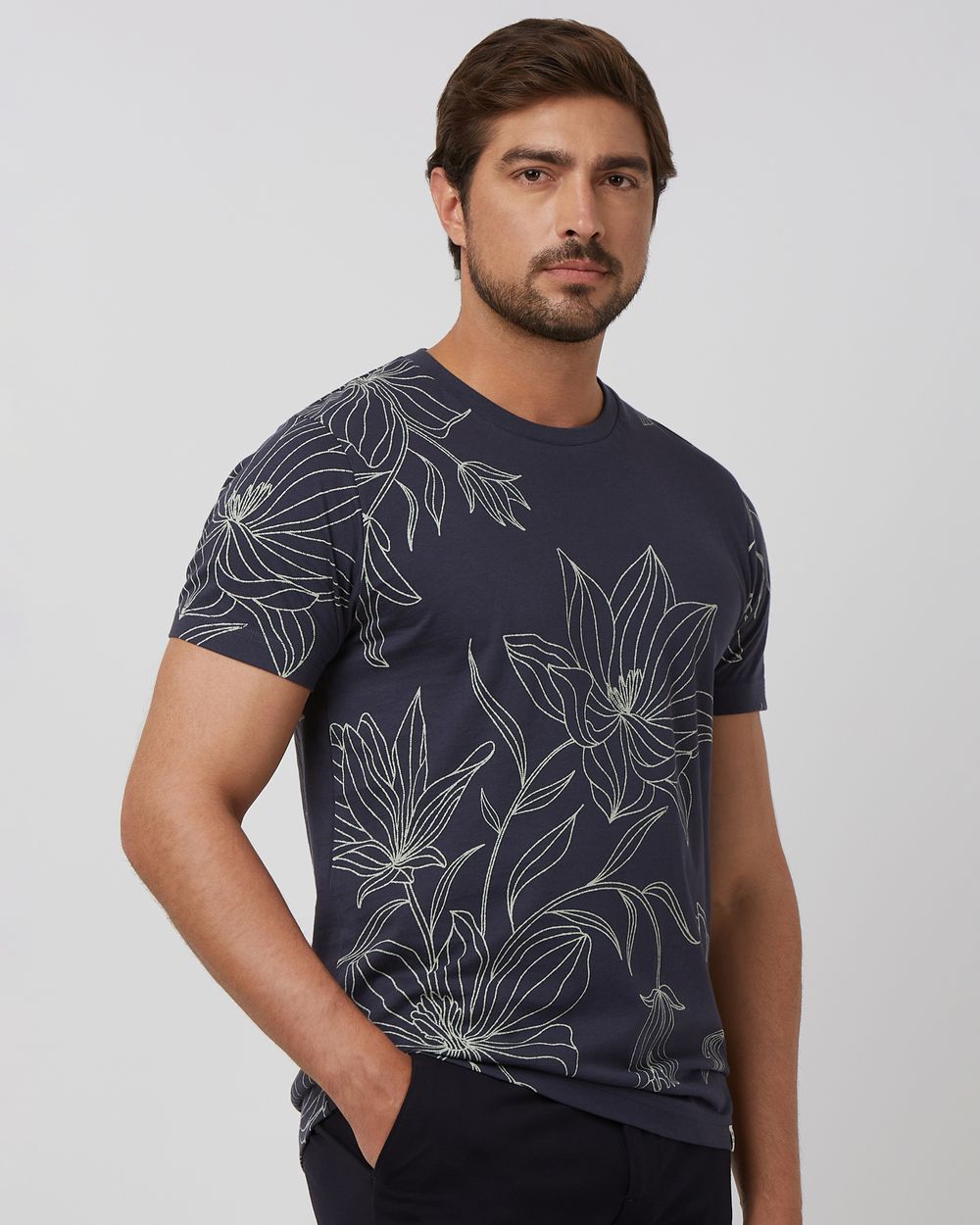 Navy Floral Print Slim Fit T-Shirt