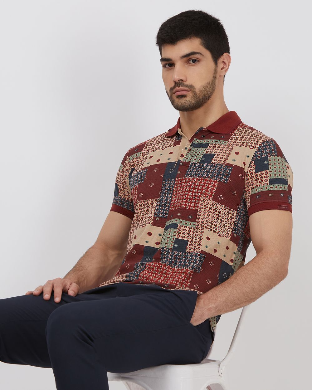 Red Patchwork Print Slim Fit Pique T-Shirt