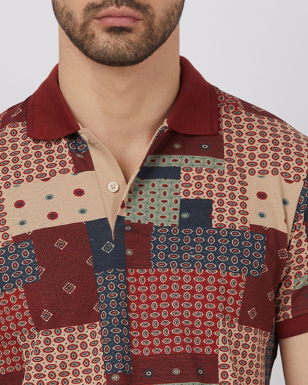 Red Patchwork Print Slim Fit Pique T-Shirt
