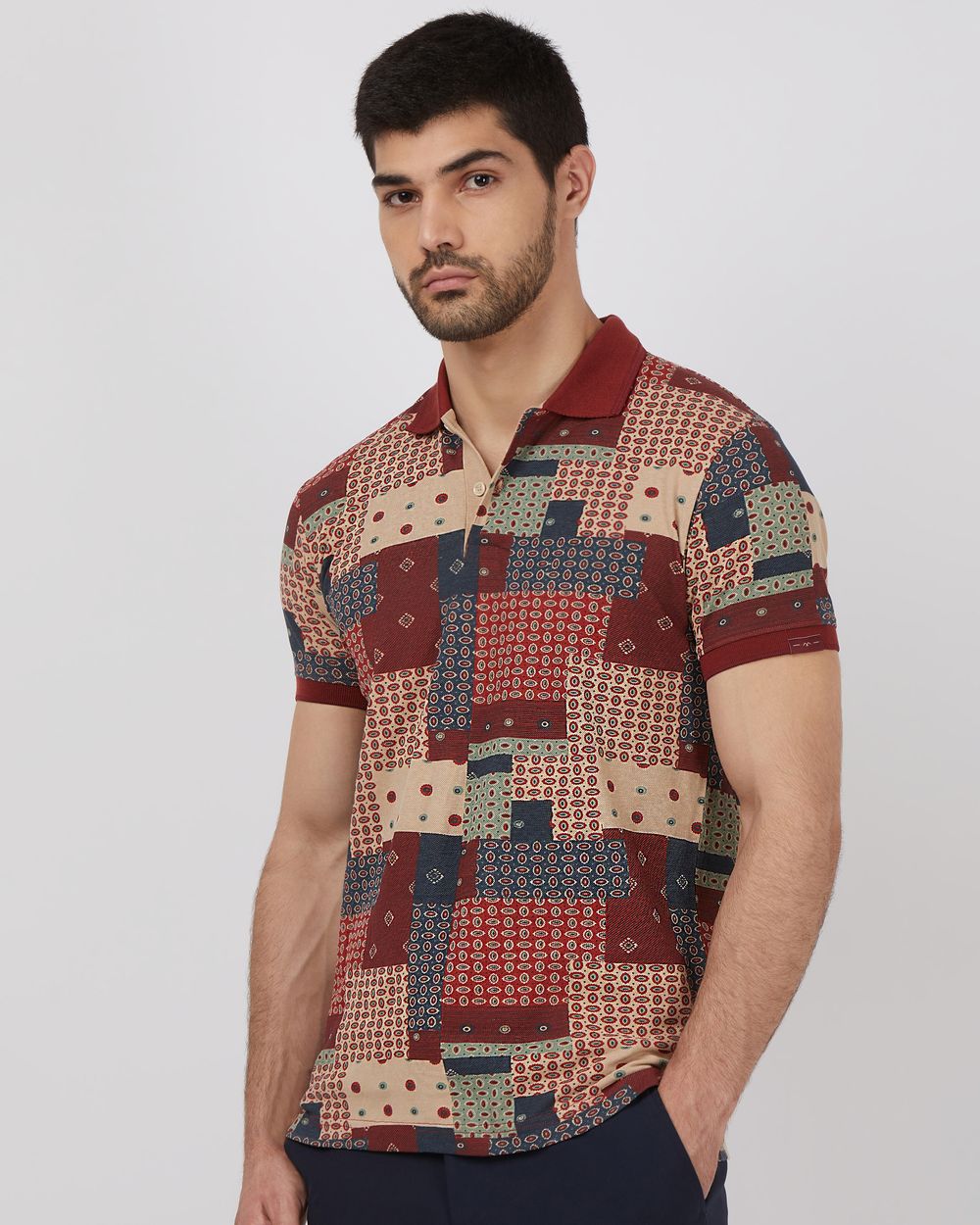 Red Patchwork Print Slim Fit Pique T-Shirt