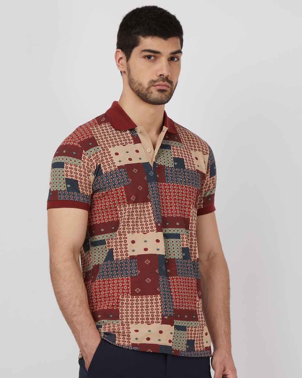 Red Patchwork Print Slim Fit Pique T-Shirt