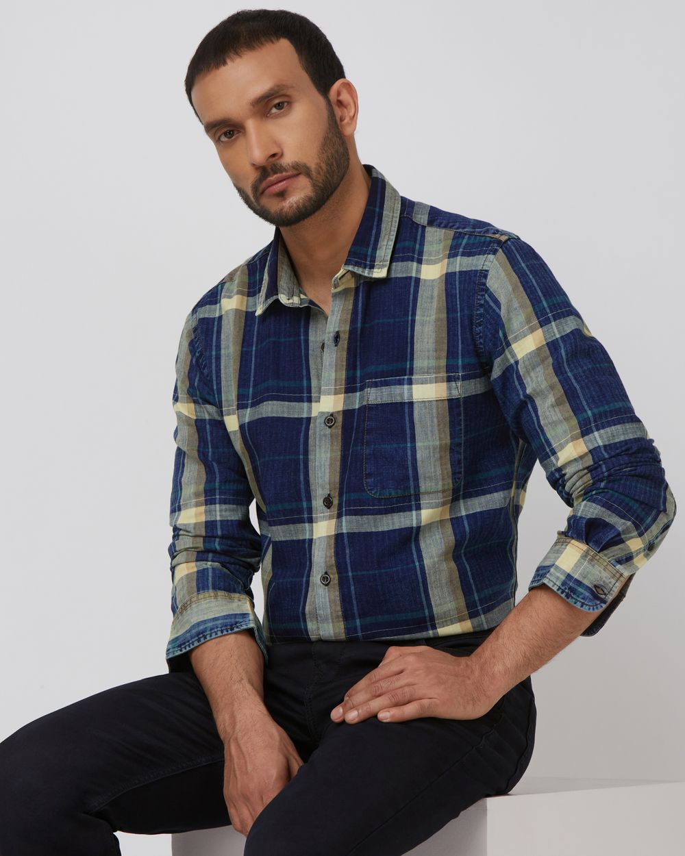 Deep Indigo Blue Denim Check Slim Fit Casual Shirt