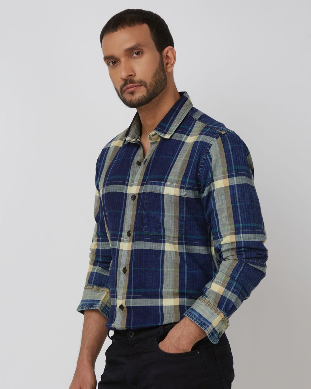 Deep Indigo Blue Denim Check Slim Fit Casual Shirt