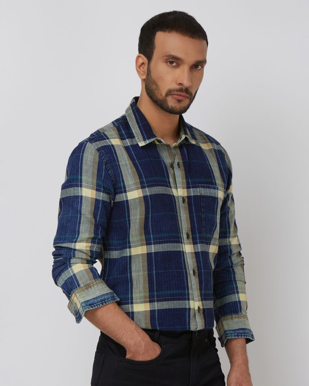 Deep Indigo Blue Denim Check Slim Fit Casual Shirt
