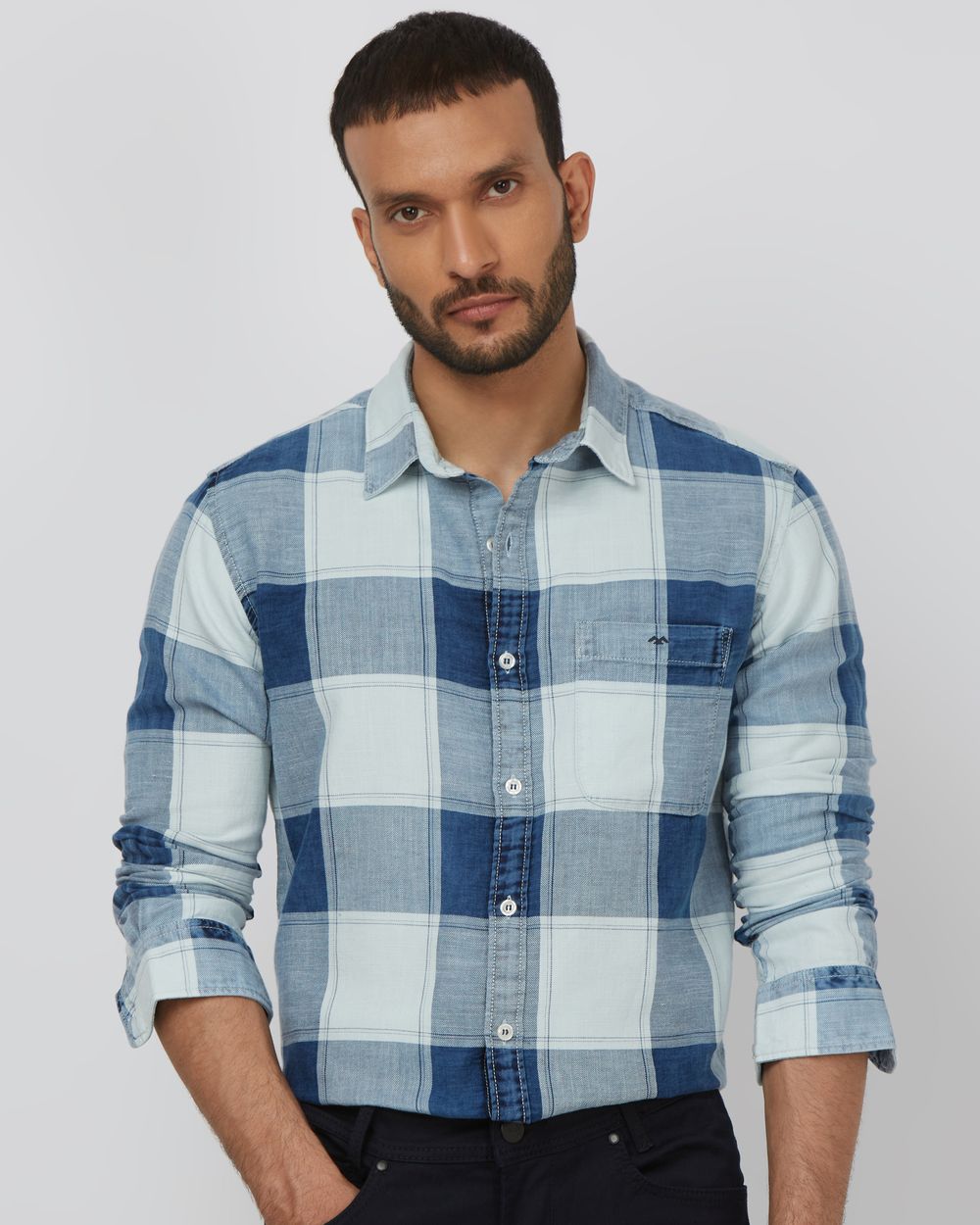 Indigo Blue Denim Check Slim Fit Casual Shirt