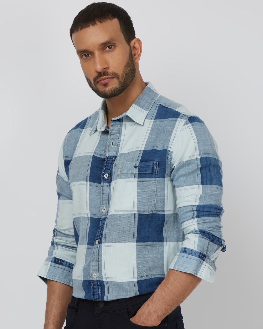 Indigo Blue Denim Check Slim Fit Casual Shirt