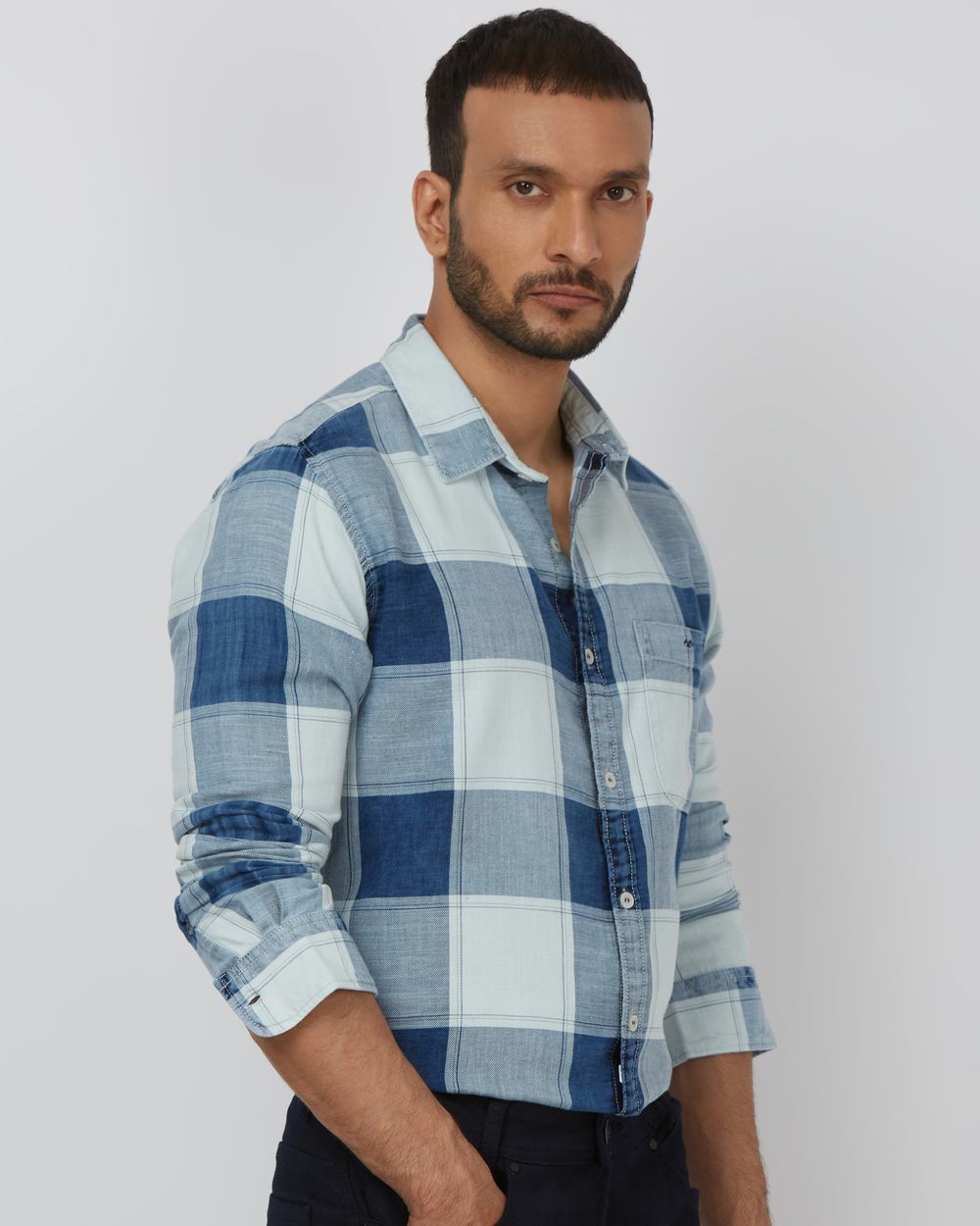 Indigo Blue Denim Check Slim Fit Casual Shirt