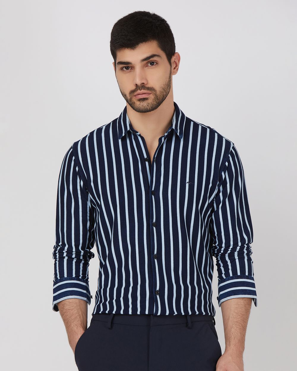 Navy Denim Stripe Slim Fit Casual Shirt
