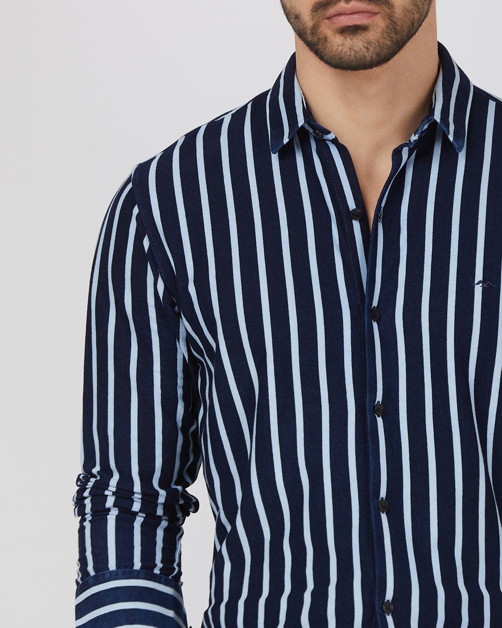 Navy Denim Stripe Slim Fit Casual Shirt