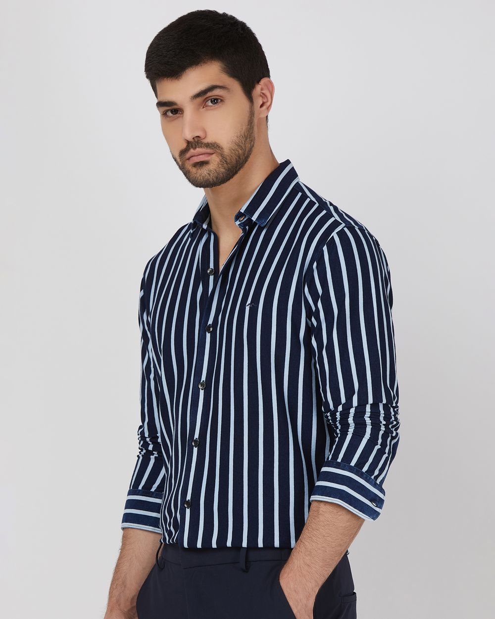 Navy Denim Stripe Slim Fit Casual Shirt