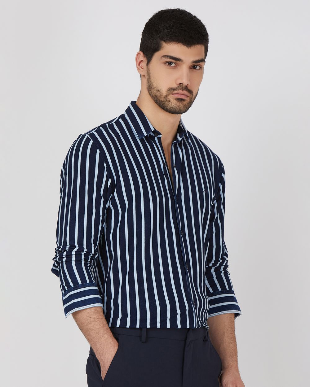Navy Denim Stripe Slim Fit Casual Shirt