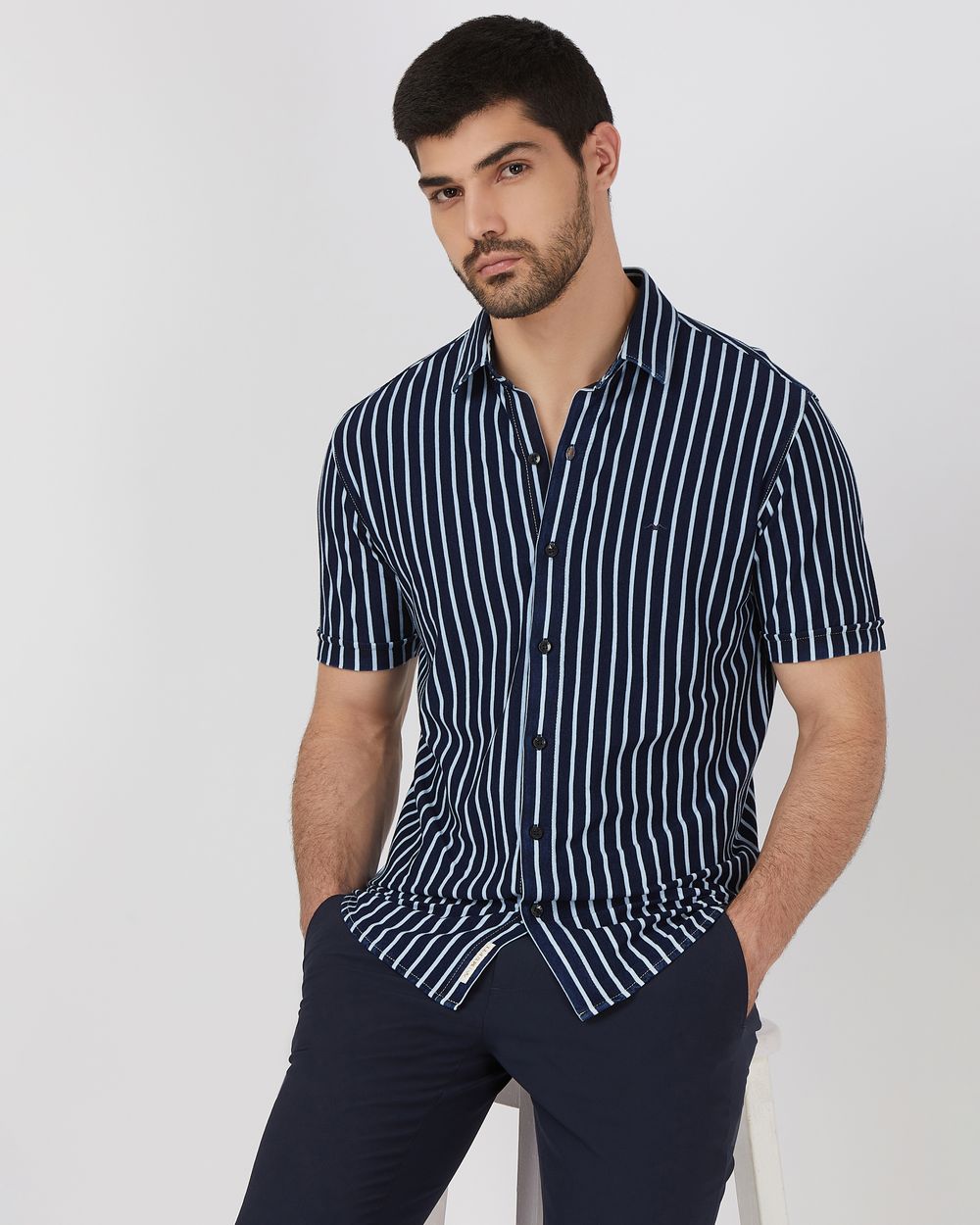 Navy Knitted Stripe Slim Fit Casual Shirt