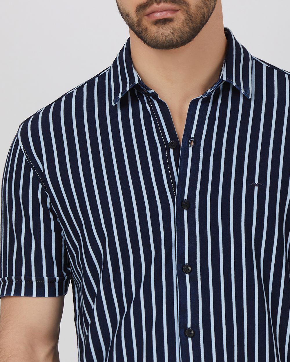 Navy Knitted Stripe Slim Fit Casual Shirt