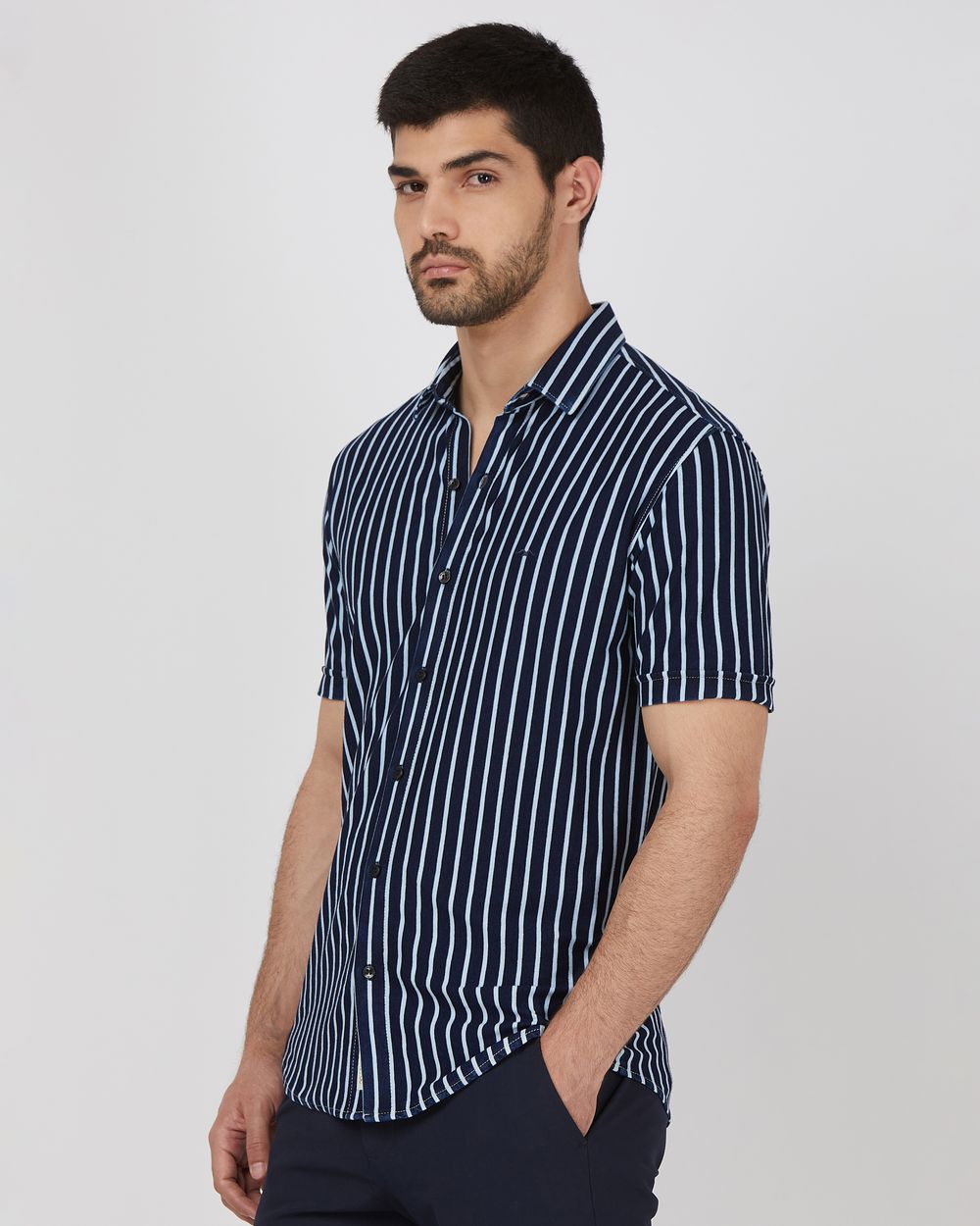 Navy Knitted Stripe Slim Fit Casual Shirt