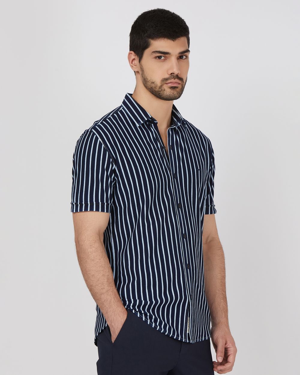 Navy Knitted Stripe Slim Fit Casual Shirt
