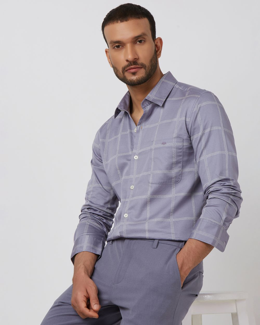 Lilac Printed Check Slim Fit Casual Shirt