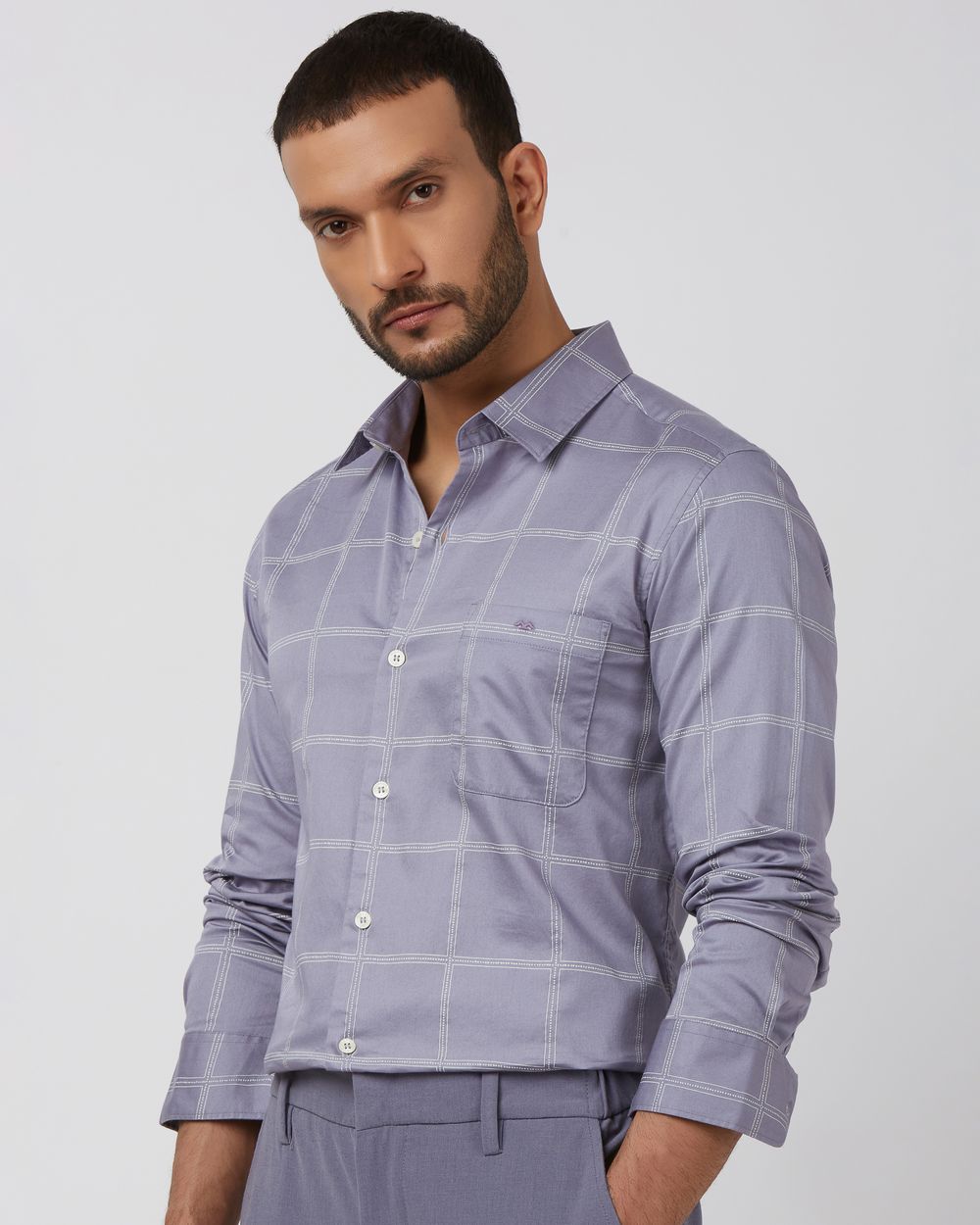 Lilac Printed Check Slim Fit Casual Shirt
