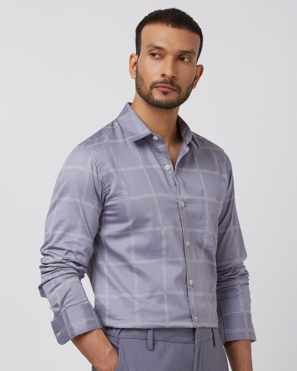 Lilac Printed Check Slim Fit Casual Shirt